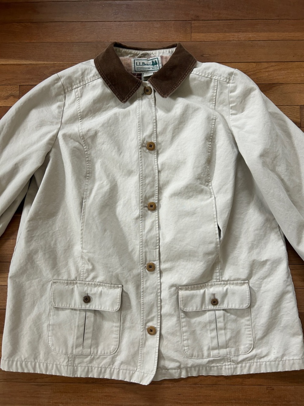 L.L. Bean Cream Canvas Utility Jacket with Brown Corduroy Collar